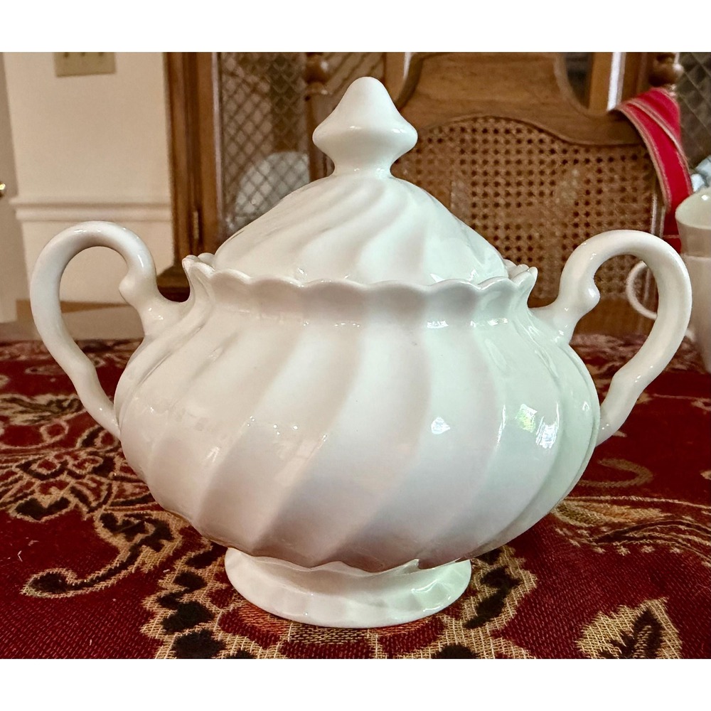 Vintage White Ironstone Covered Sugar Bowl | Johnson Brothers Regency Swirl